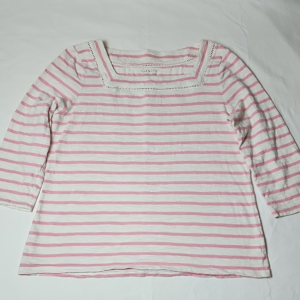 Talbots Large Pink and White Striped 100% Cotton Top Square Neck 3/4 Sleeve - Picture 2 of 10